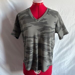 Gray and Green Camouflage Short Sleeve Tee with V-Neck
